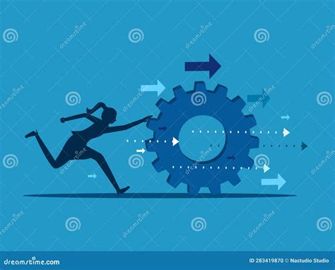 Drive Business For Progress Woman Pushing Gears Forward Stock Vector