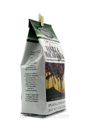 Hawaiian Isles Kona Coffee Ground Vanilla Macadamia 10 Oz Bag Decaf