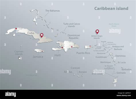 Caribbean Islands map, island with names, blue white card paper 3D ...