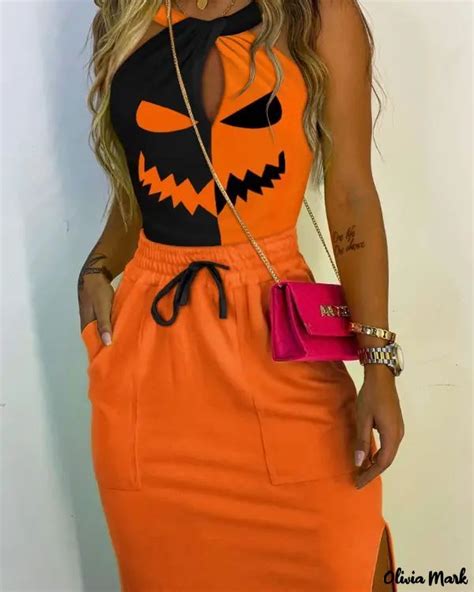 Olivia Mark Graphic Print Split Hem Halloween Casual Dress Orange