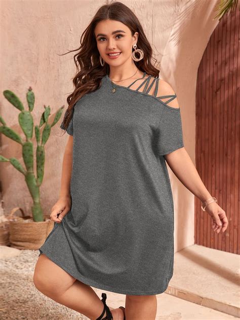 Plus Crisscross Asymmetrical Neck Tee Dress Tee Dress Stylish