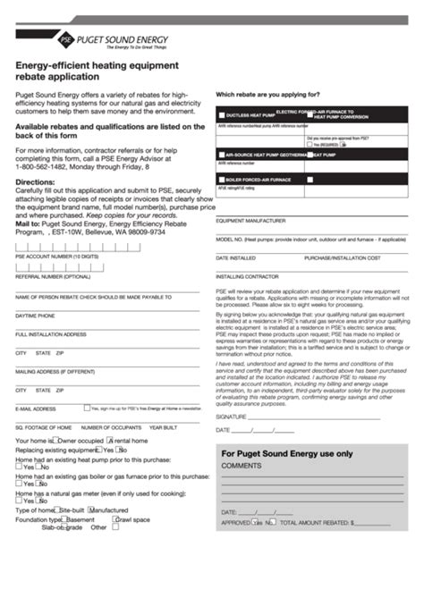 Energy Efficient Heating Equipment Rebate Application Pse Printable