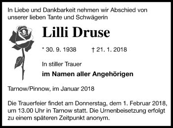 Traueranzeigen Von Lilli Druse Trauer Nordkurier