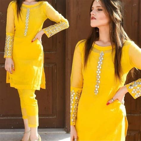 Yellow Georgette Foil Mirror Work Kurti Mirror Work Kurti Design