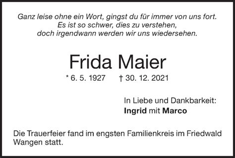 Traueranzeigen Von Frida Maier S Dwest Presse Trauer