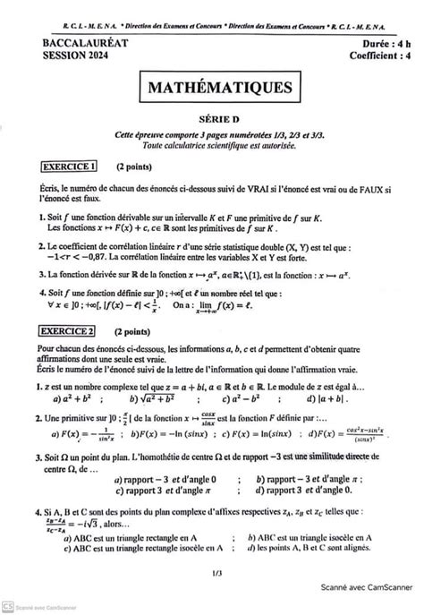 Sujet Bac Mathematiques Serie D