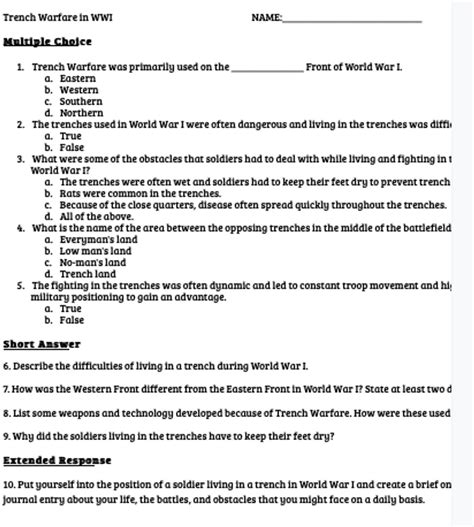 Trench Warfare In Wwi Reading And Worksheet Amped Up Learning