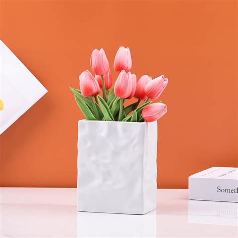 Amazon Xiyouqi Ceramic Crinkle Paper Bag Shape Vase White L