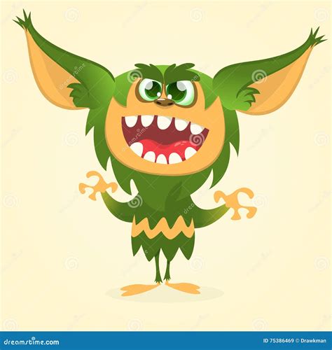 Happy Cartoon Gremlin Monster Halloween Vector Goblin Or Troll With