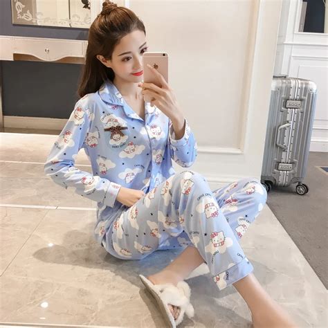 Spring Women Pajama Sets Open Button Pajama Kt Cat Print Sweet Suits