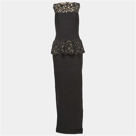 Tadashi Shoji Black Pintuck Lace Peplum Cocktail Gown M Tadashi Shoji