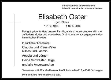 Alle Traueranzeigen F R Elisabeth Oster Trauer Rp Online De