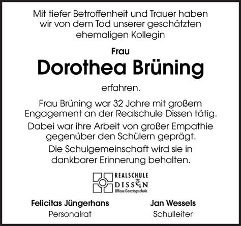 Traueranzeigen Von Dorothea Br Ning Noz Trauerportal