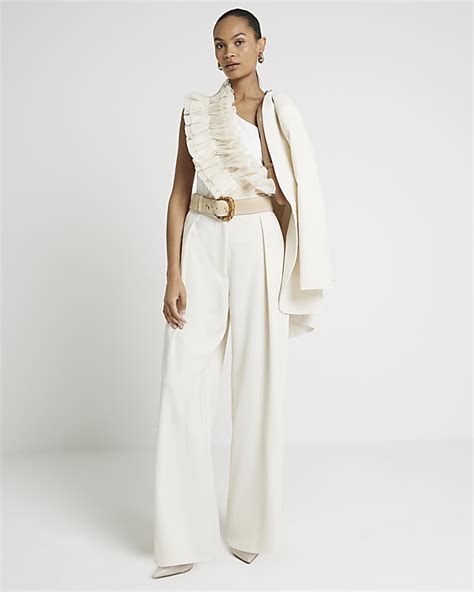 Cream Pleated Wide Leg Trousers River Island