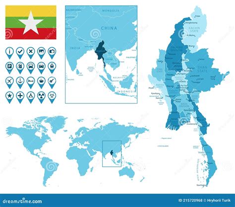 Myanmar Detaillierte Administrative Blaue Karte Mit Landesflagge Und