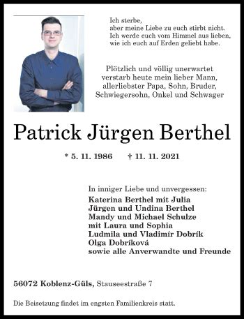 Traueranzeigen Von Patrick J Rgen Berthel Rz Trauer De