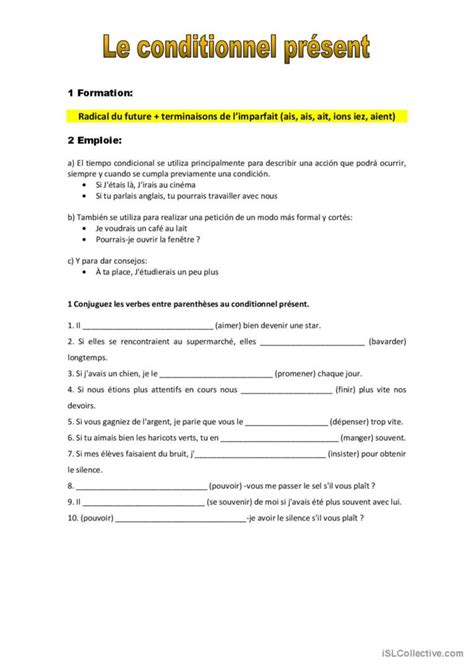 Conditionnel Pr Sent Fran Ais Fle Fiches Pedagogiques Pdf Doc