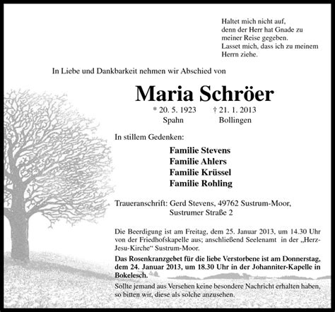 Traueranzeigen von Maria Schröer noz Trauerportal