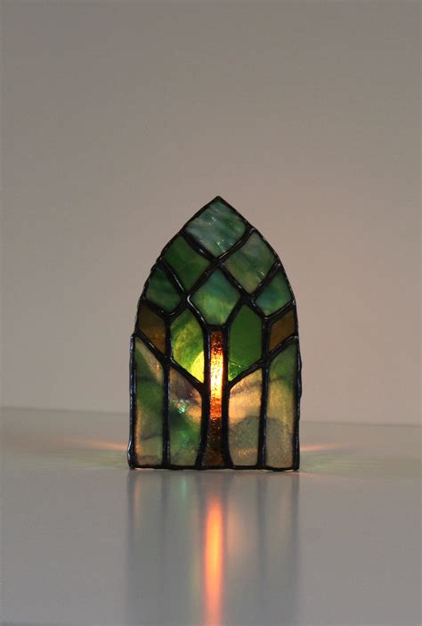 Stained Glass Tea Light Mini Tree Shield Gothic Lancet Cathedral Window Table Top Home Decor