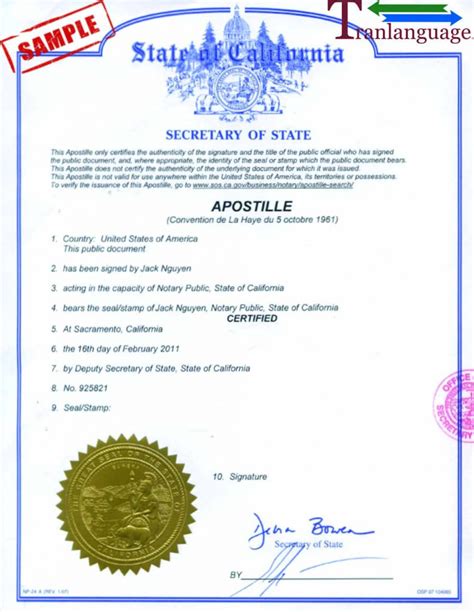 Apostille US - California - Tranlanguage - Certified Translations