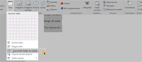 Word 2016 Convertir Texto A Tabla