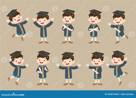 Smiling Graduate Students Graduation Gowns Holding Diplomas Cartoon