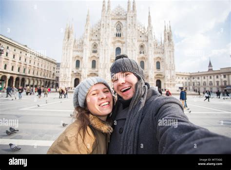 Travel, Italy and funny couple concept - Happy tourists taking a self ...