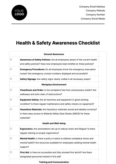 Free Health And Safety Awareness Checklist Template To Edit Online