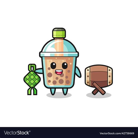 Bubble Tea Muslim Character Are Celebrating Eid Vector Image