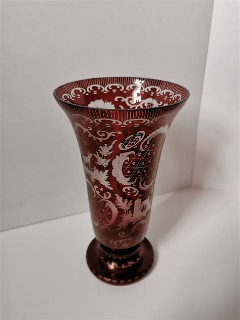 Rare Early Etched Cranberry Glass Vase Etsy