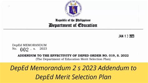 Deped Memorandum 2 S 2023 Addendum To Deped Merit Selection Plan