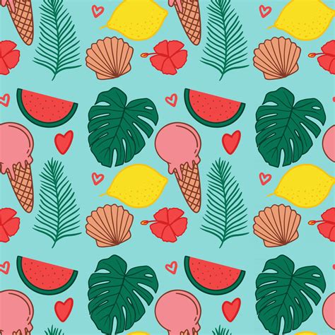 Summer Tropical Seamless Pattern In Hand Drawn Simple Style Vector