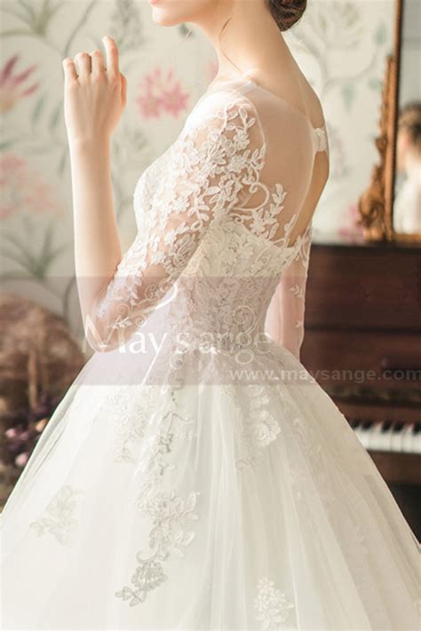 Robe Blanche Mariage Manche Longue Dentelle Effet Tatouage Ref M1254