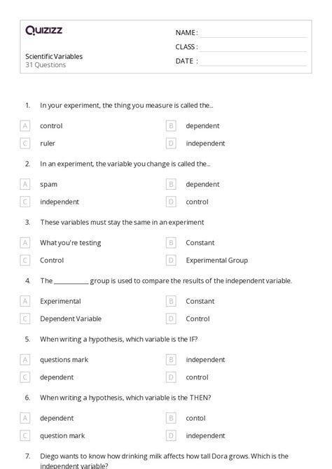 Dependent Variables Worksheets For Th Class On Quizizz Free