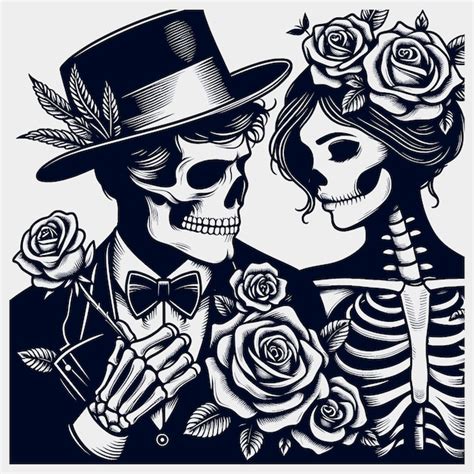 Man Woman Skeleton And Roses Silhouette Vector Svg Filesskull With Flower Svgfloral Skull Svg