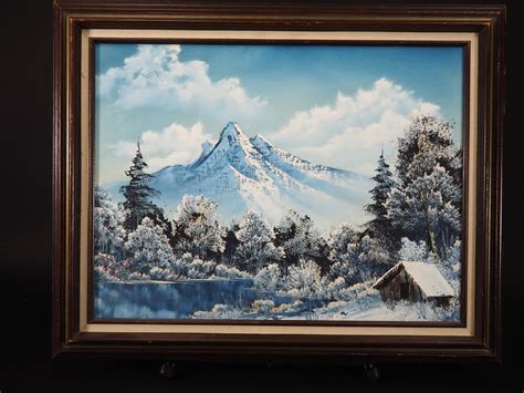 Bob Ross Original Signed Painting Winter Mountain Cabin Scene W Bob Ro