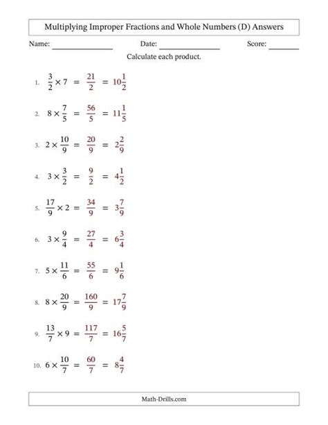 Multiplying Improper Fractions And Whole Numbers With No Simplifying Fillable D