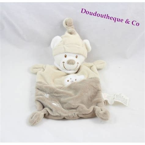 Doudou Plat Ours Nicotoy Beige Marron Bonnet Empreintes Cm Sos