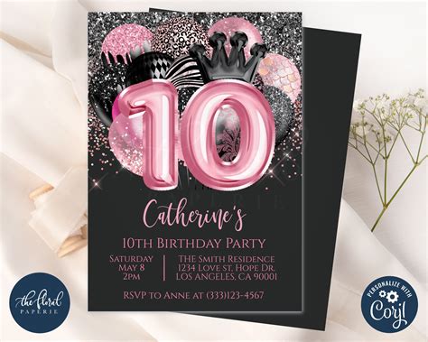 10th Birthday Invitation Template Editable Black And Pink Etsy