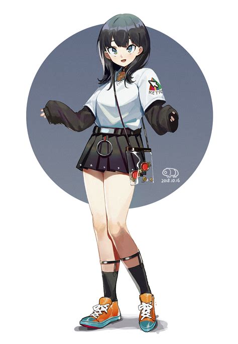 Safebooru 1girl D Bag Black Hair Black Legwear Black Skirt Blue Eyes Dated Grey Background