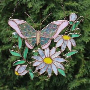 Pink Suncatcher Monarch Butterfly Flowers Stained Glass Picture Home