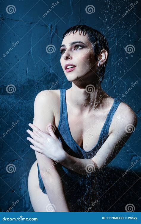 Beautiful Brunette In T Shirt Having Shower Stock Image Image Of Natural Charming 111960333