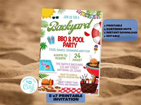 Bbq And Pool Party Printable Invitation Editable Invite Etsy