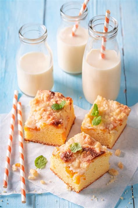 Yummy Peach Cake With Glaze Served With Milk Stock Image Image Of