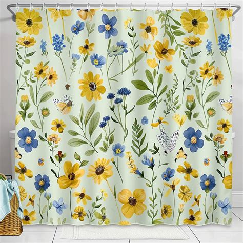 Modern Yellow And Blue Wildflowers Butterfly Pattern Shower Curtain