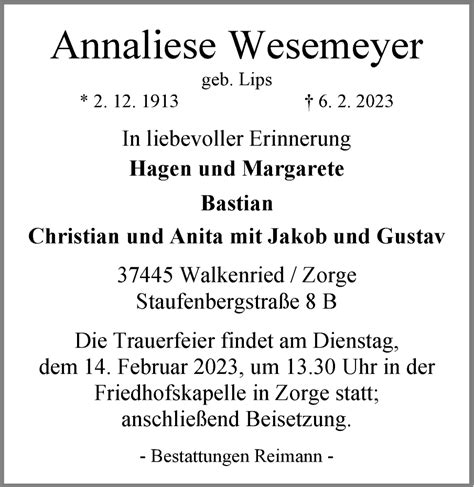 Traueranzeigen Von Annaliese Wesemeyer Harztrauer De