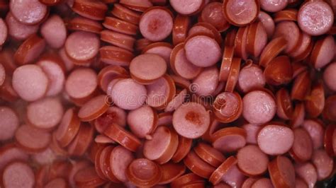 Sausage Cuts Frying On Pan Cut Sausages Frying In Pan In Hot Sizzling Oil Top View Shot Of