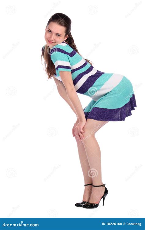 Girl In Stripy Blue Dress Bend Forward Side View Picture Image 18226160