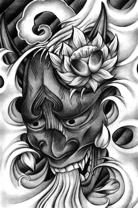 Fantastic black-and-white japanese devil and lotus flower tattoo design ...