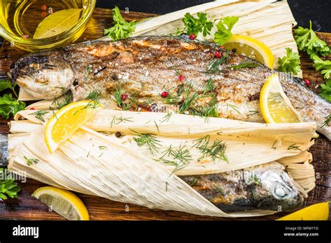 Healthy Dish Grilled Fish With Herbs Stock Photo Alamy